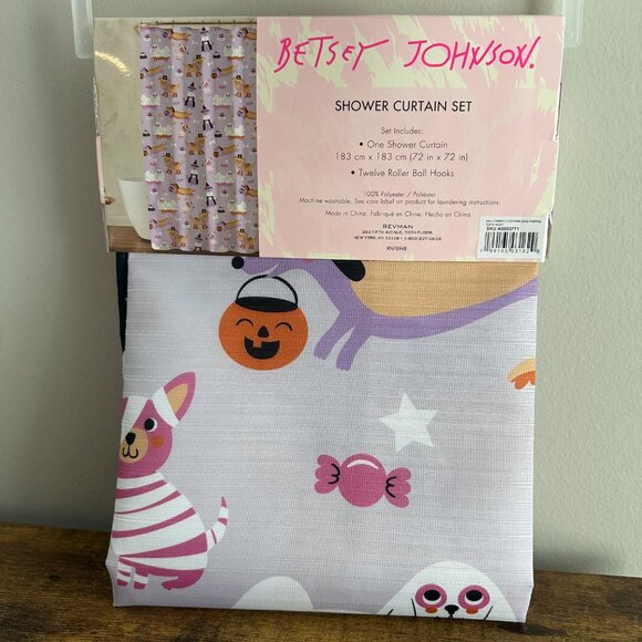 New Betsey Johnson Purple Ghost Dogs Mummy Cute Fabric Shower Curtain Set Hooks - Picture 2 of 3